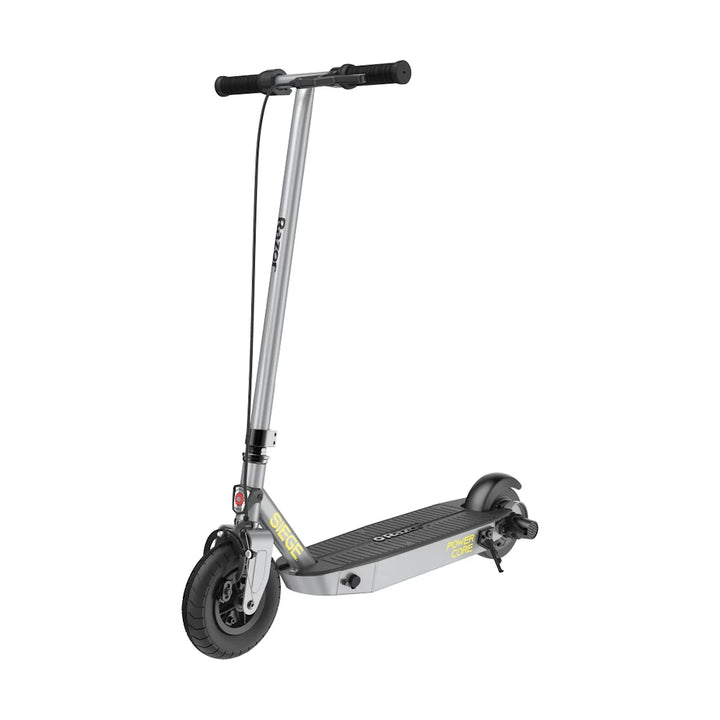 Side profile of the Razor PowerCore SIEGE electric scooter in silver, showing the sleek design.