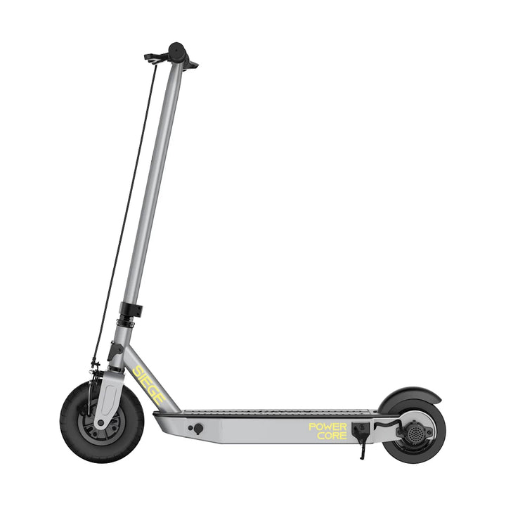 Left-side view of the Razor PowerCore SIEGE electric scooter, showcasing the pneumatic front tyre and rear motor.