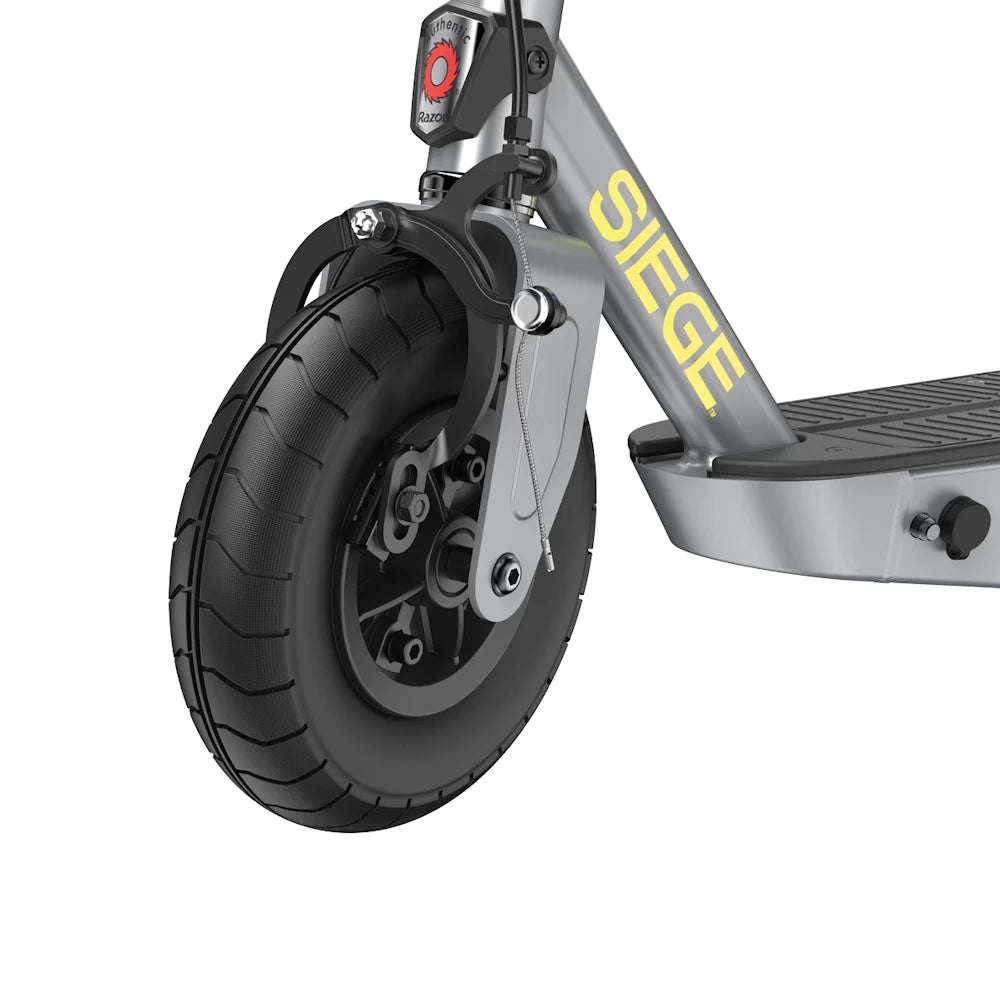 Front view of the Razor PowerCore SIEGE scooter, showing the sturdy front wheel and brake system.