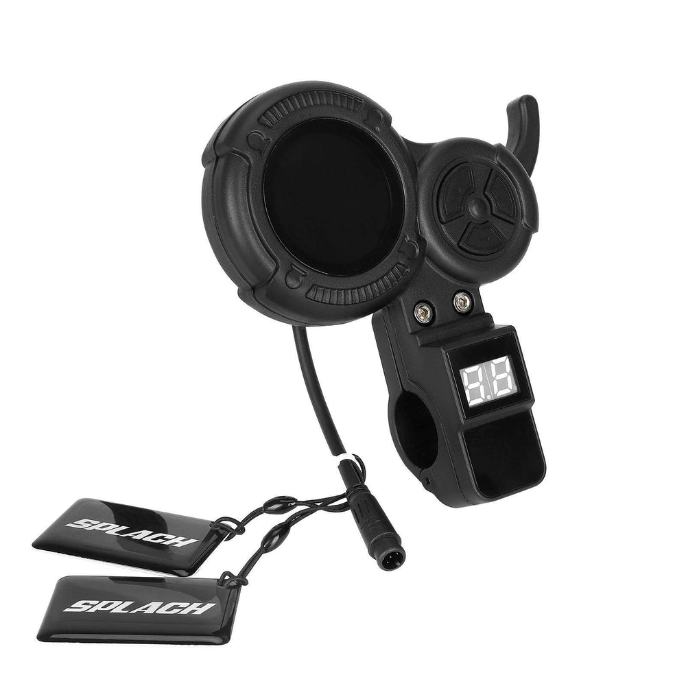 Angled front view of QS-S4 trigger throttle showing built in handlebar mount and NFC reader and 6-pin male waterproof connector plug.