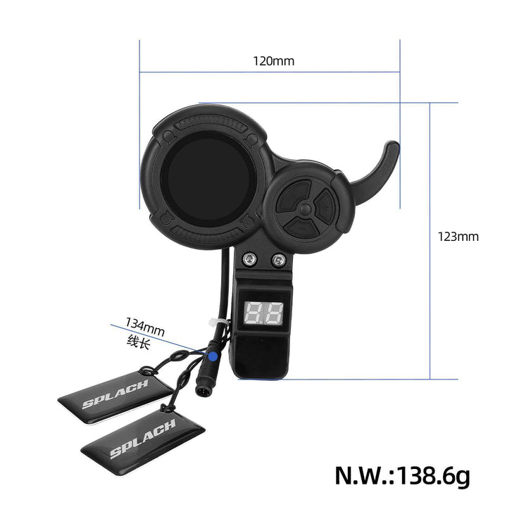 Dimensions of the QS-S4 trigger throttle with NFC security cards and display for 48-72V electric scooter 6-pin Julet plug