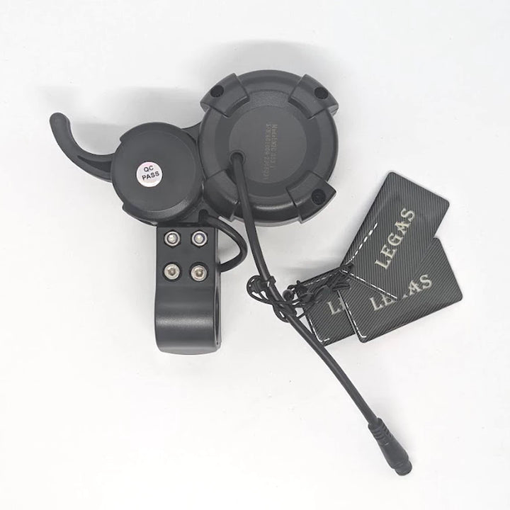 QS-S4 electric scooter trigger throttle rear housing showing cable exit and mounting bracket