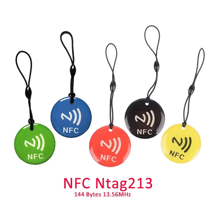 NFC tag tokens with rope in vibrant green, red, blue, yellow, and black. Ideal for electric scooter NFC security and other NFC-enabled applications.