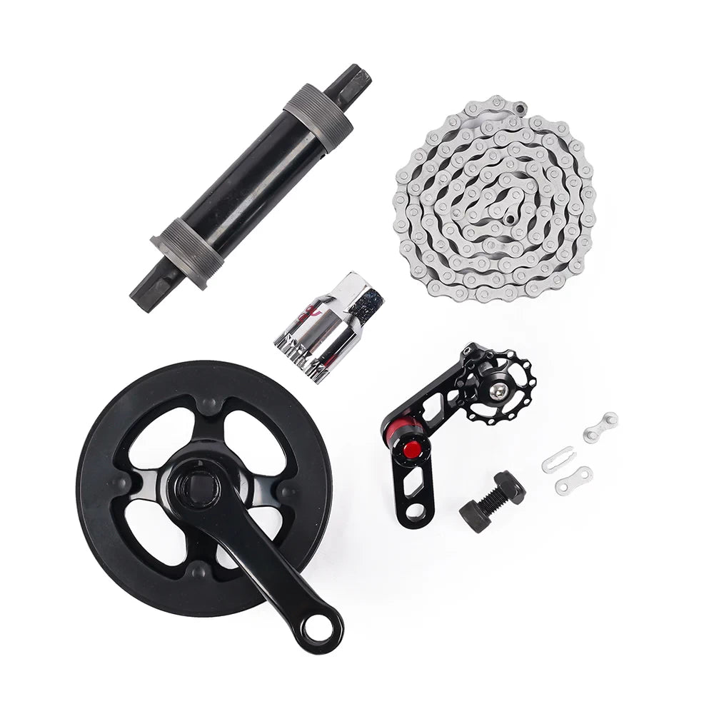 Image showing additional contents of the Pedal Kit for EMOVE Roadrunner V3, to help comply with local regulations. Shows the chain, master chain link, chain tensioner, crank arm with sprocket and the bottom bracket, as well as a specialist socket required for easy installation.