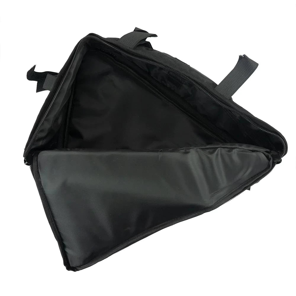 Side view of the RoadRunner Centre Pizza Bag, completely unzipped, showing its compact yet spacious design.