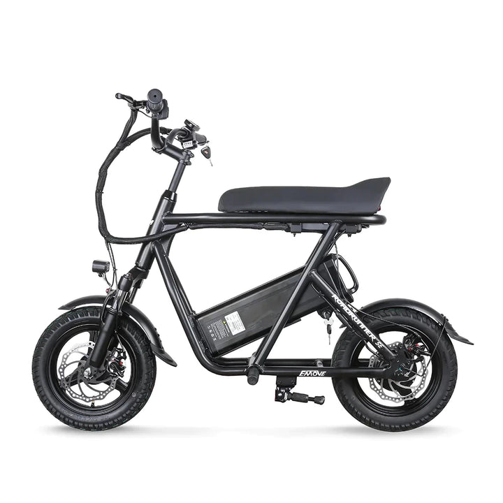 Left side view of the EMOVE Roadrunner SE ultralight-weight seated electric scooter, featuring a spacious seat and powerful battery, designed for urban mobility.