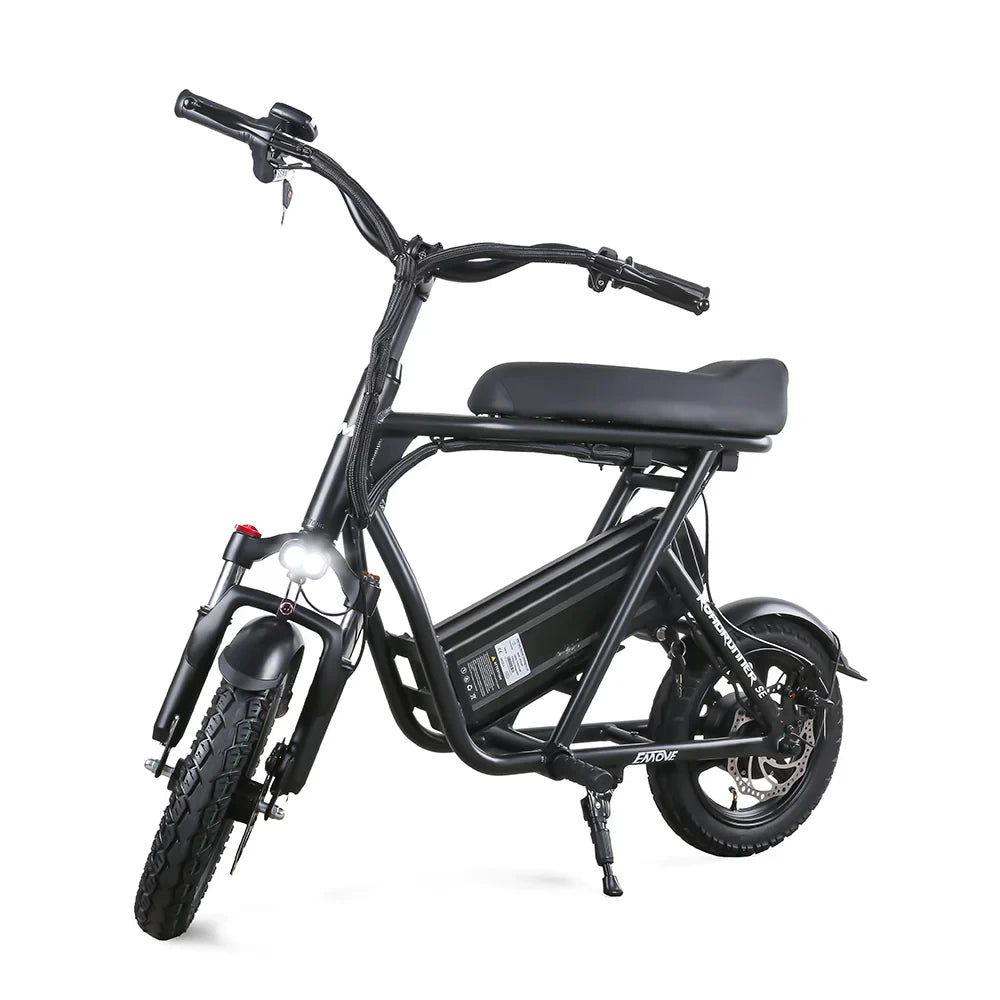 Front diagonal view of the EMOVE Roadrunner SE ultralight electric scooter, highlighting its durable build, ergonomic seating, and efficient tire design.