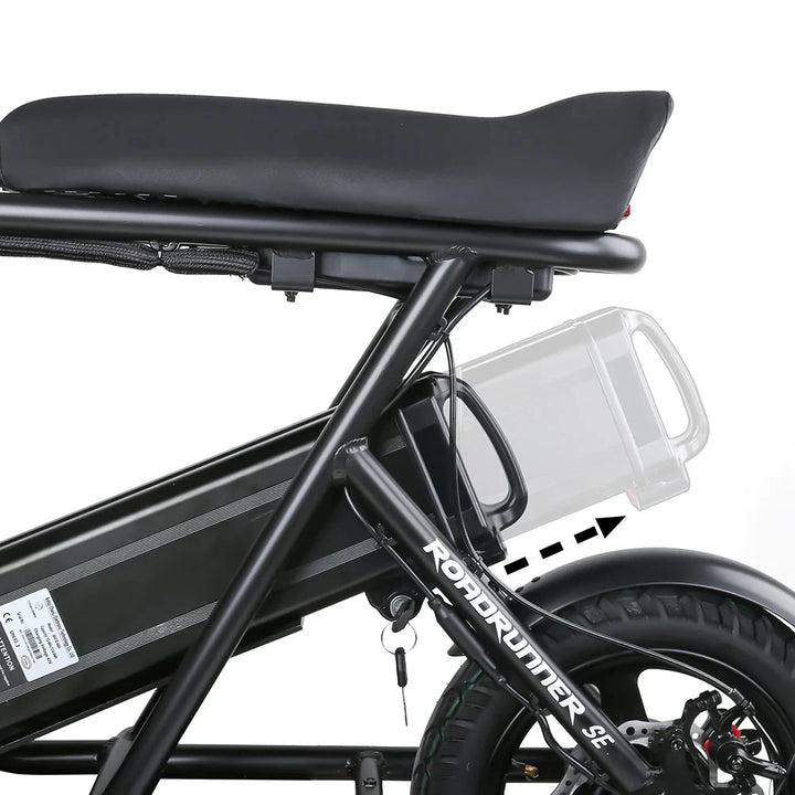 Removable battery feature of the EMOVE Roadrunner SE electric scooter, making charging convenient and enhancing portability for riders.