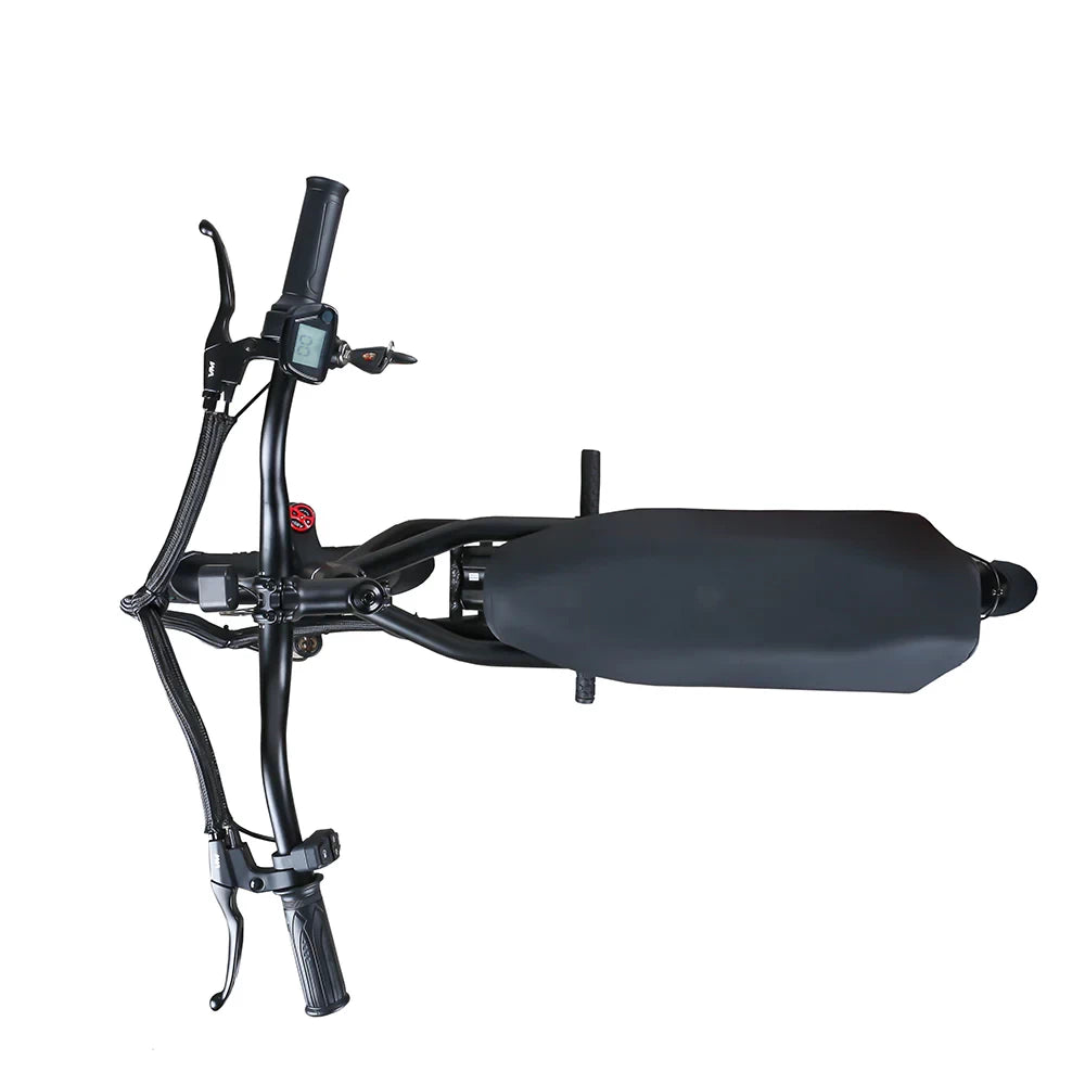 Overhead view of the EMOVE Roadrunner SE ultralight-weight electric scooter, highlighting the extended seat and accessible handlebars for a comfortable riding position.