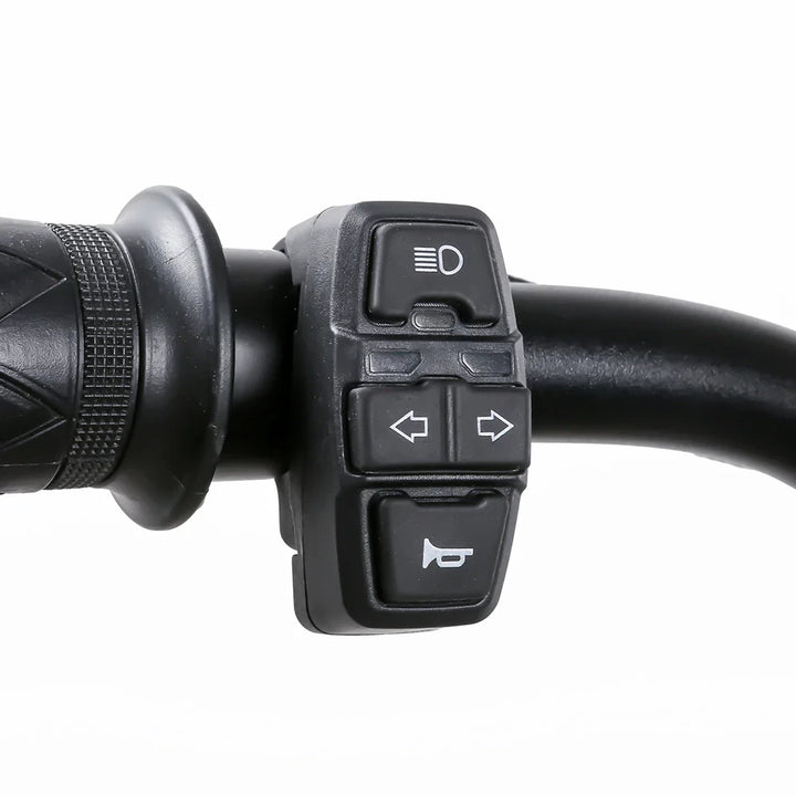 EMOVE Roadrunner SE handlebar controls - horn, lights, and turn signal buttons for safety and convenience.