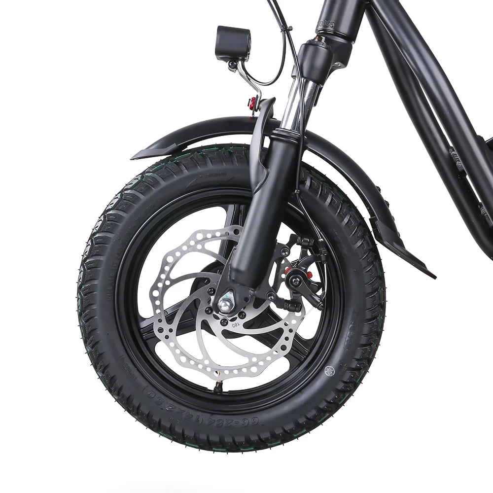 Front wheel of EMOVE Roadrunner SE - equipped with powerful hydraulic disc brakes for superior stopping power.