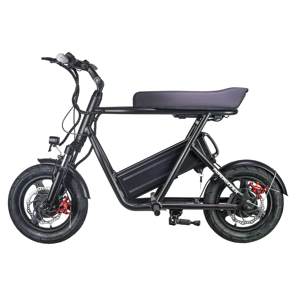 EMOVE Roadrunner V2 Seated Electric Scooter - Left Profile - Left-side view of the EMOVE Roadrunner V2 seated electric scooter, featuring its dual motors (500W + 350W) and removable battery for increased range.