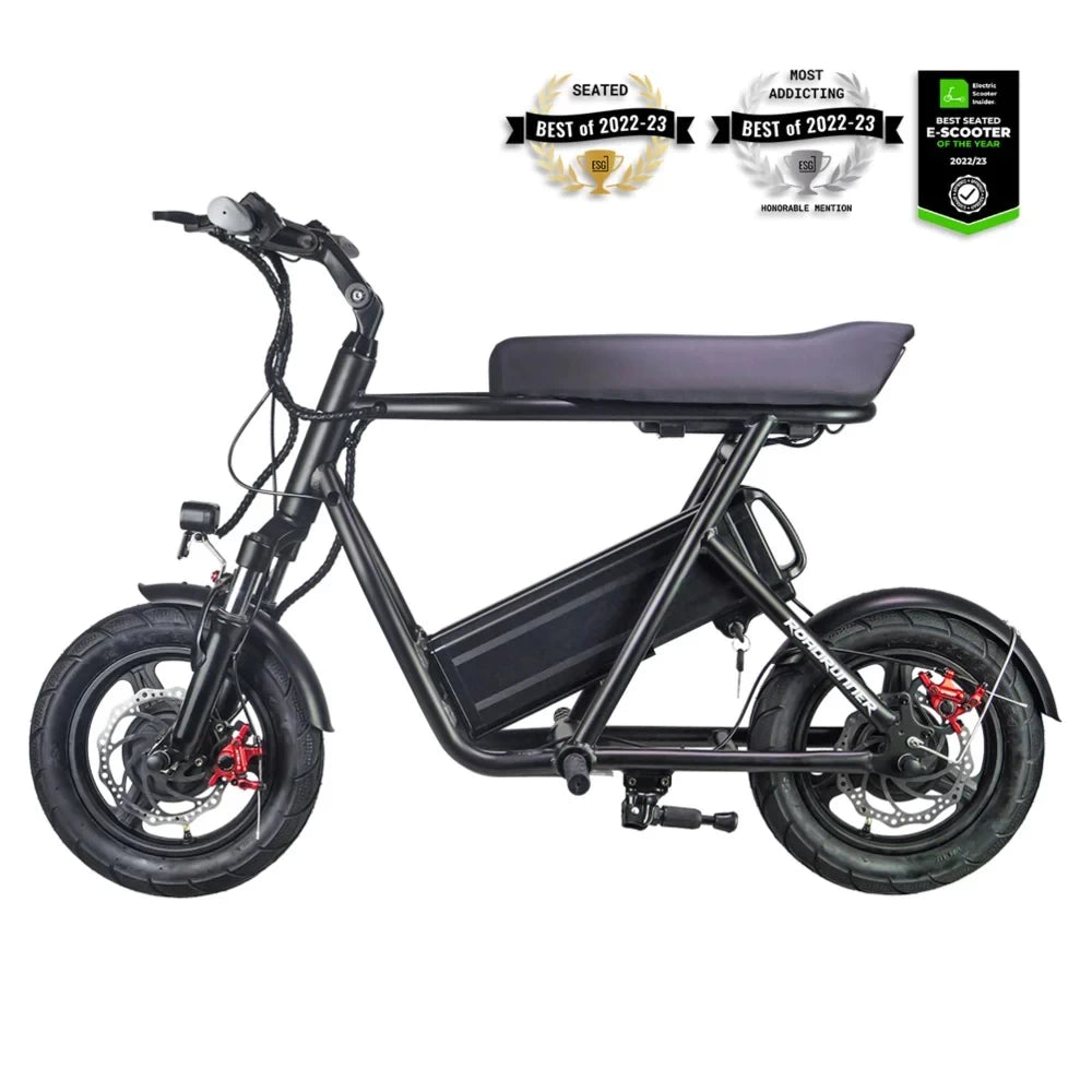 EMOVE Roadrunner V2 Electric Scooter with Awards - EMOVE Roadrunner V2 seated electric scooter, showcasing awards for "Best Seated Scooter" and "Most Addicting Ride" of 2022-23.