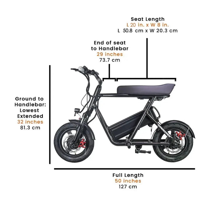 Dimensions of EMOVE Roadrunner v2 scooter - Side profile measurement illustration - Detailed side profile image showing seat length, handlebar height, and other dimensions for user comfort.