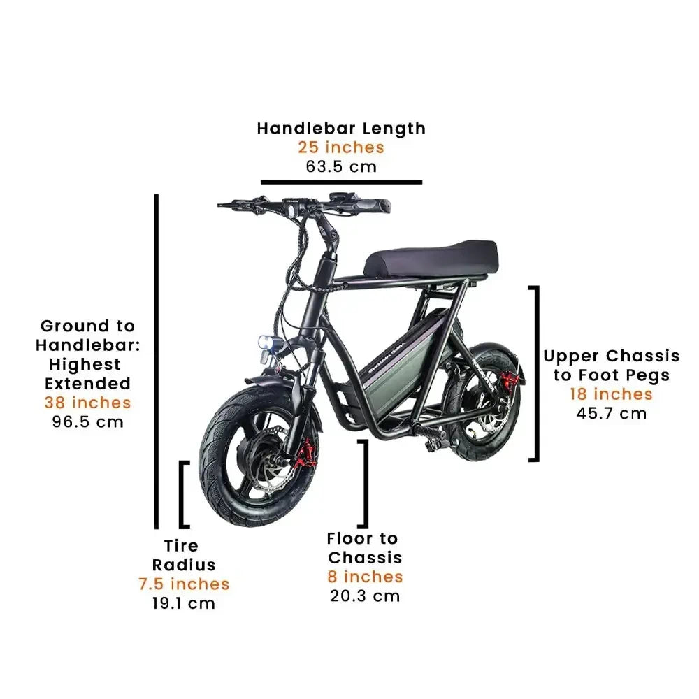 Dimensions of EMOVE Roadrunner v2 scooter - Perspective view with measurements - Image providing perspective view dimensions including handlebar length, floor-to-chassis distance, and other ergonomic features.