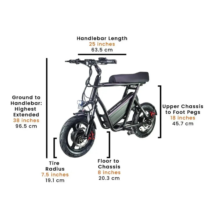 Dimensions of EMOVE Roadrunner v2 scooter - Perspective view with measurements - Image providing perspective view dimensions including handlebar length, floor-to-chassis distance, and other ergonomic features.