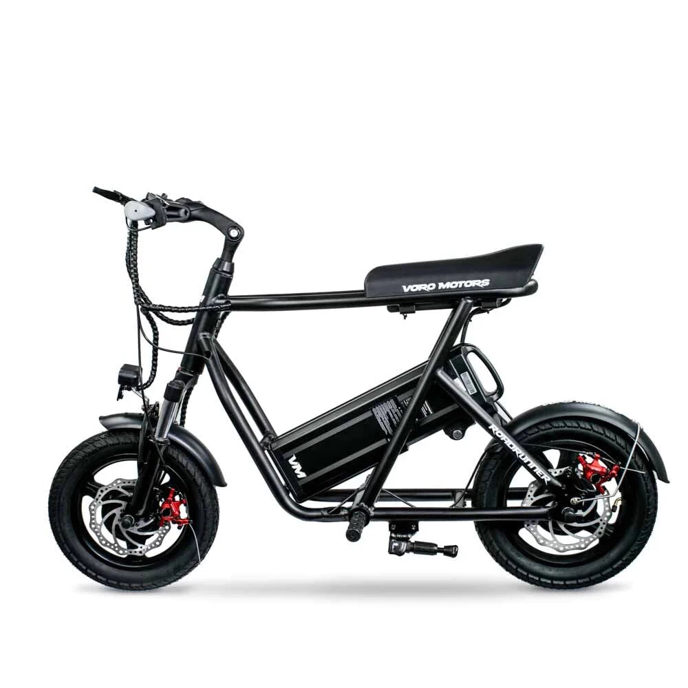 Left profile of the EMOVE Roadrunner v2 electric scooter - Full side view of the seated EMOVE Roadrunner v2 showcasing its compact design, seat, battery, and rear suspension.