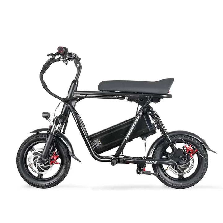 Side profile view of the EMOVE Roadrunner V3 electric scooter showcasing its sleek black frame, comfortable seat, and powerful dual 500W motor design.