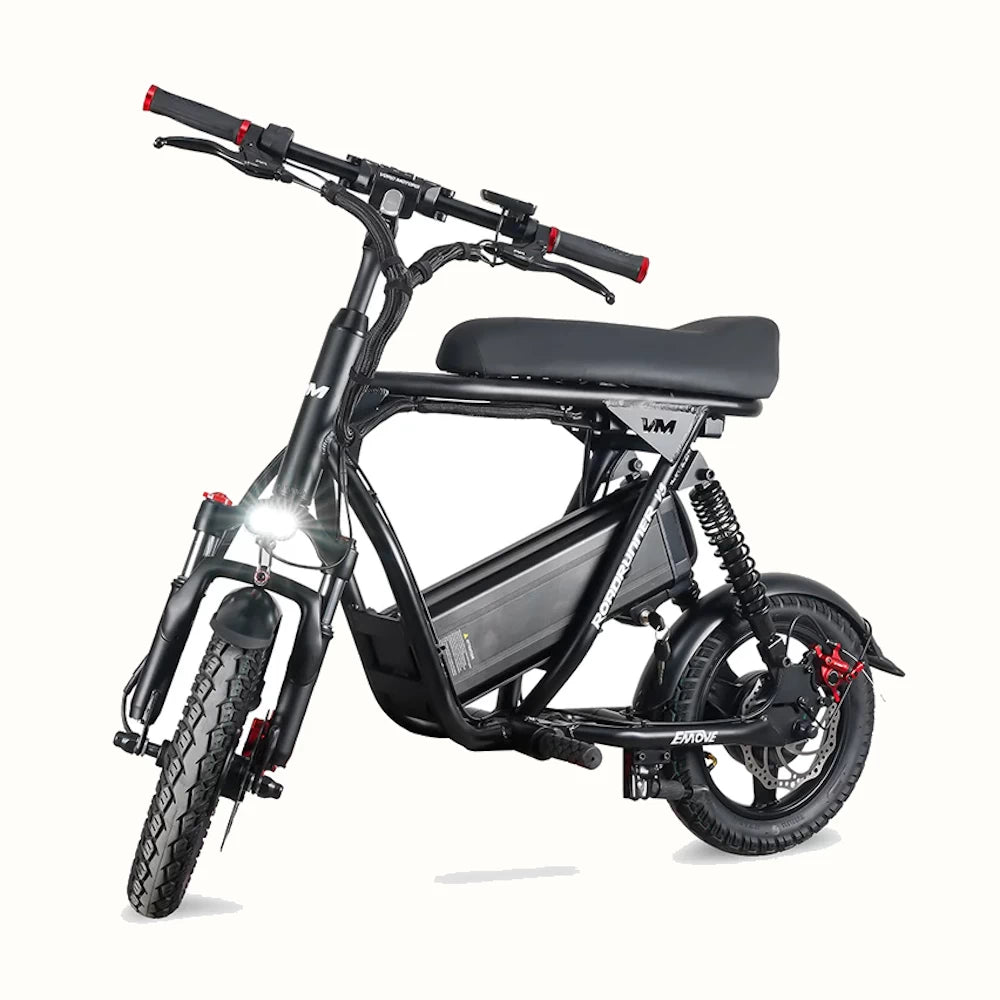 Hero shot of the EMOVE Roadrunner V3 electric scooter from a left-side angle, featuring a modern design with a headlight, suspension, and robust frame.