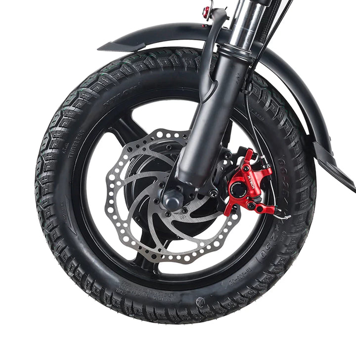 Front wheel of the EMOVE Roadrunner V3 showcasing tubeless tyres and a high-performance hydraulic disc brake system.