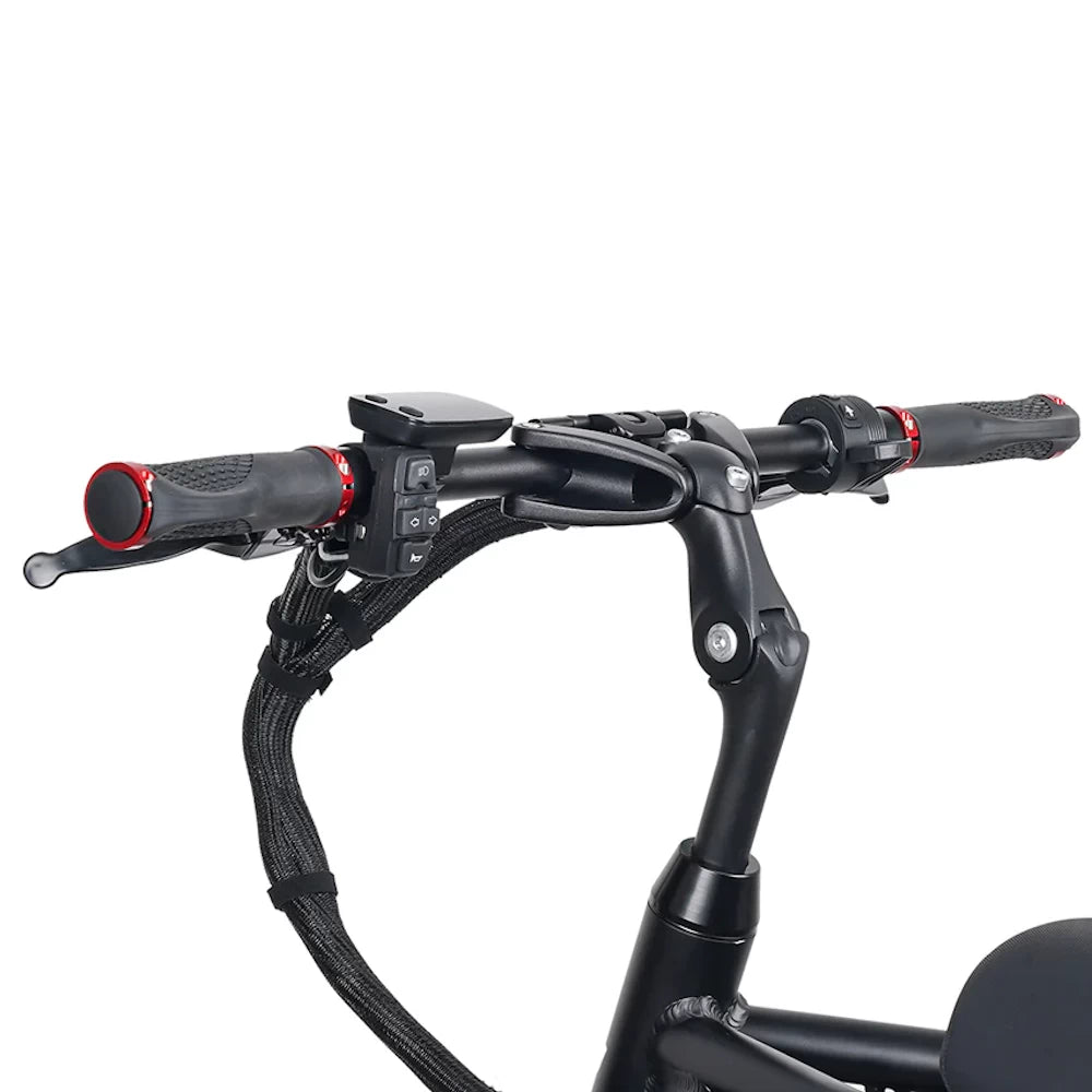 Rear view of the EMOVE Roadrunner V3 handlebars, showing ergonomic grips, LCD display, and functional controls.