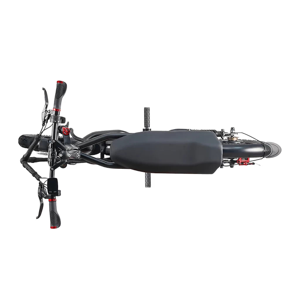 Overhead view of the EMOVE Roadrunner V3 electric scooter, highlighting its spacious seat and ergonomic design.