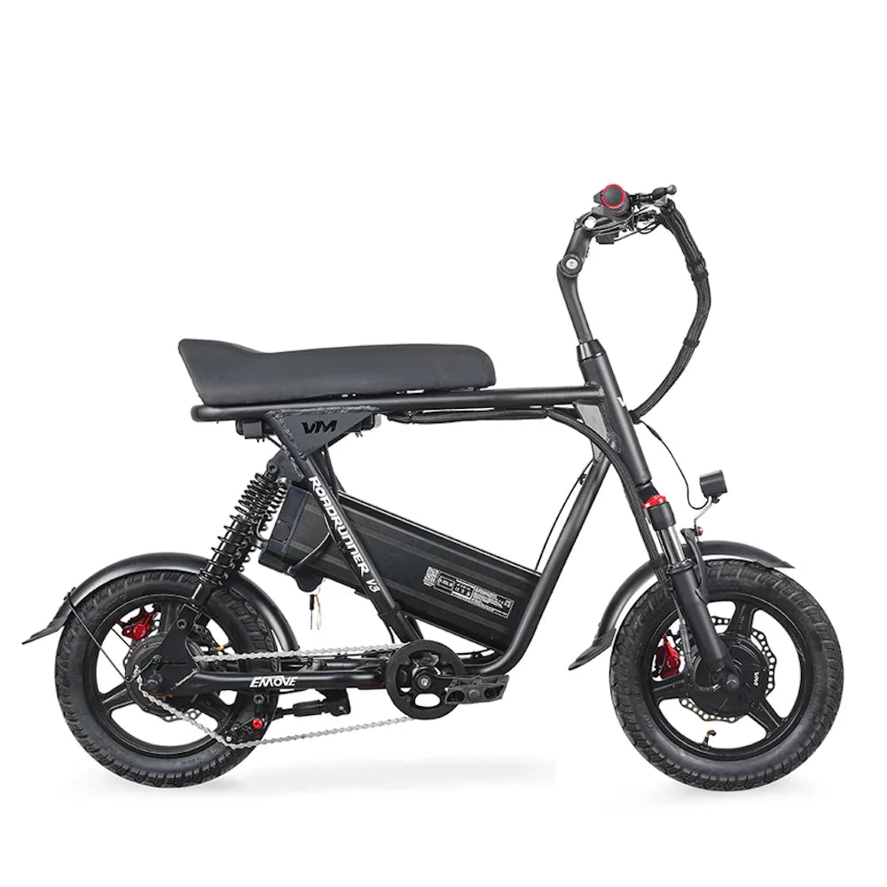 Right-side profile view of the EMOVE Roadrunner V3, showcasing its sleek design, suspension system, and powerful battery.