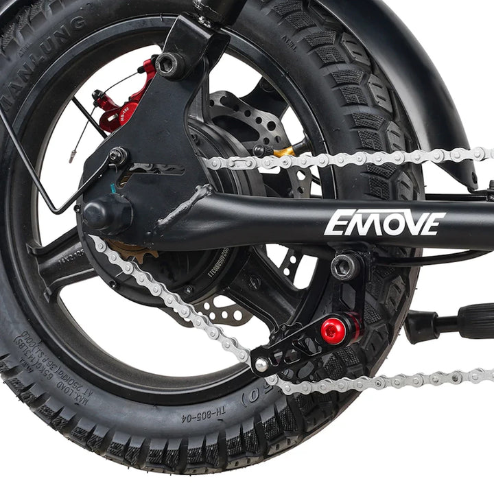 Close-up of the EMOVE Roadrunner V3 pedal system, emphasizing the optional hybrid pedal kit for versatile commuting options.