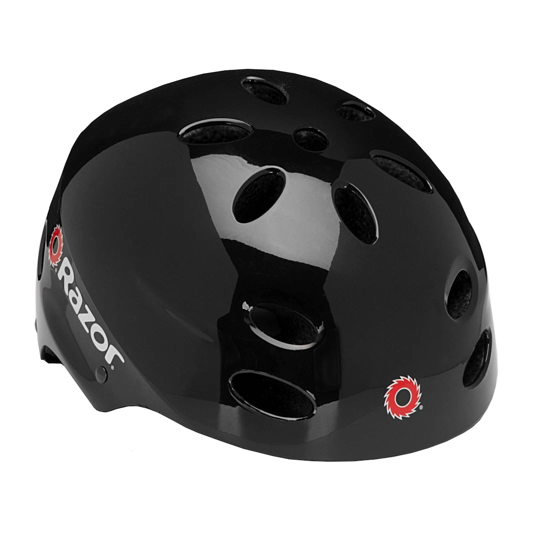 Razor Youth Helmet in glossy black, suitable for ages 8 and up, featuring a Dial-Fit adjustment system and multiple ventilation holes for a comfortable and secure fit.