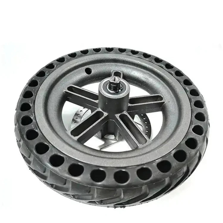 Rear wheel assembly with 110mm disc brake rotor and 8.5-inch honeycomb solid tyre for Xiaomi M365 scooters.