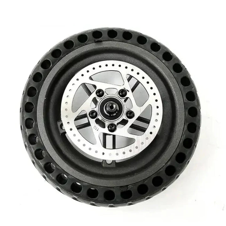 Close-up view of the 110mm disc brake rotor and bearing system on the rear wheel for Xiaomi Essential scooters.