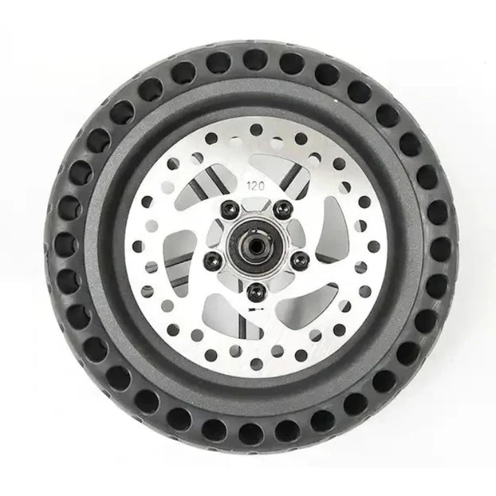 Close-up of 120mm disc brake rotor mounted on 8.5" honeycomb solid rear wheel for Xiaomi PRO/PRO2 scooters.