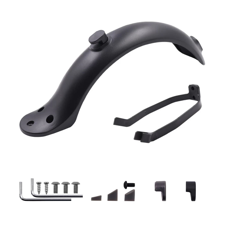 Black Rear Fender Replacement Kit for Xiaomi M365 Pro with Support Bracket and Screws.