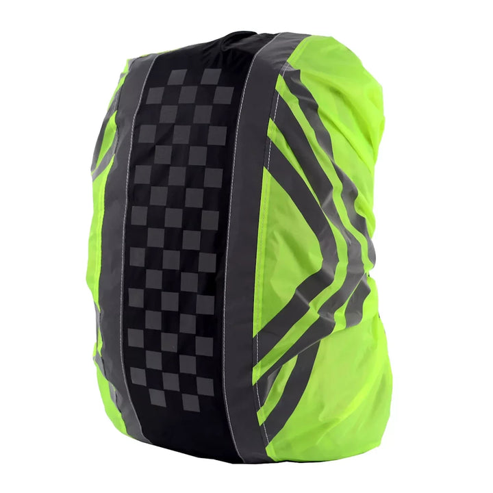 Angled view of fluorescent yellow reflective waterproof backpack cover with black checkered and grey reflective stripes.