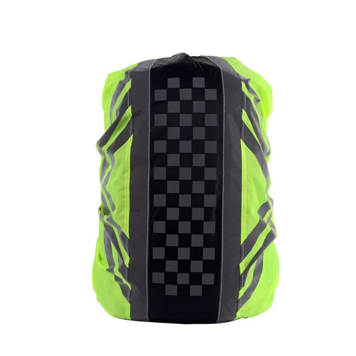 Rear view of high-visibility backpack rain cover showcasing full reflective striping.