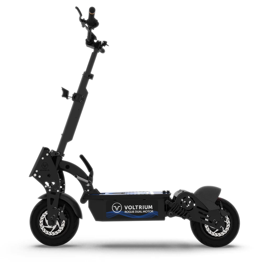 Side view of the Voltrium Rogue in stand-up mode, displaying the adjustable handlebars and compact design.