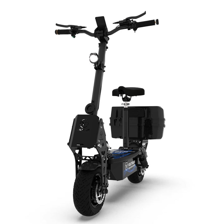 Voltrium Rogue Dual Motor scooter with installed rear-mounted storage box and seat, ideal for off-road adventures and urban commuting.