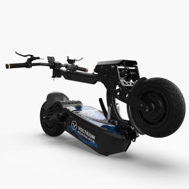 Folded configuration of the Rogue Dual Motor, showcasing its compact size for easy storage and transport.