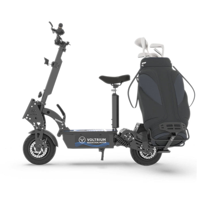 Profile view of Voltrium Rogue Dual Motor scooter with golf bag attachment.