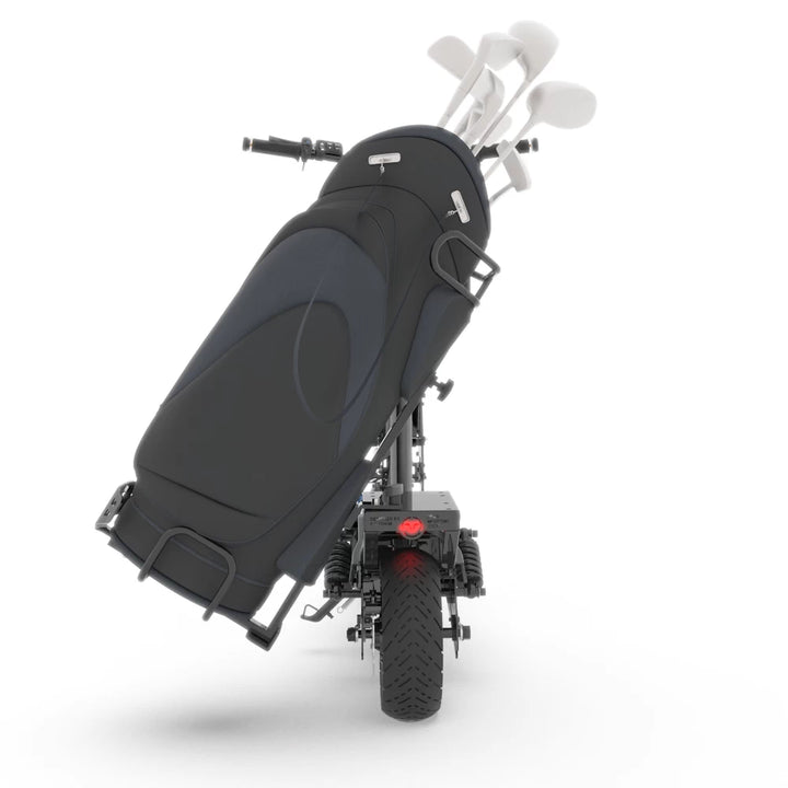 Rear view of Voltrium Rogue Dual Motor fitted with golf bag caddy – ultimate convenience to, from and on the golf course.