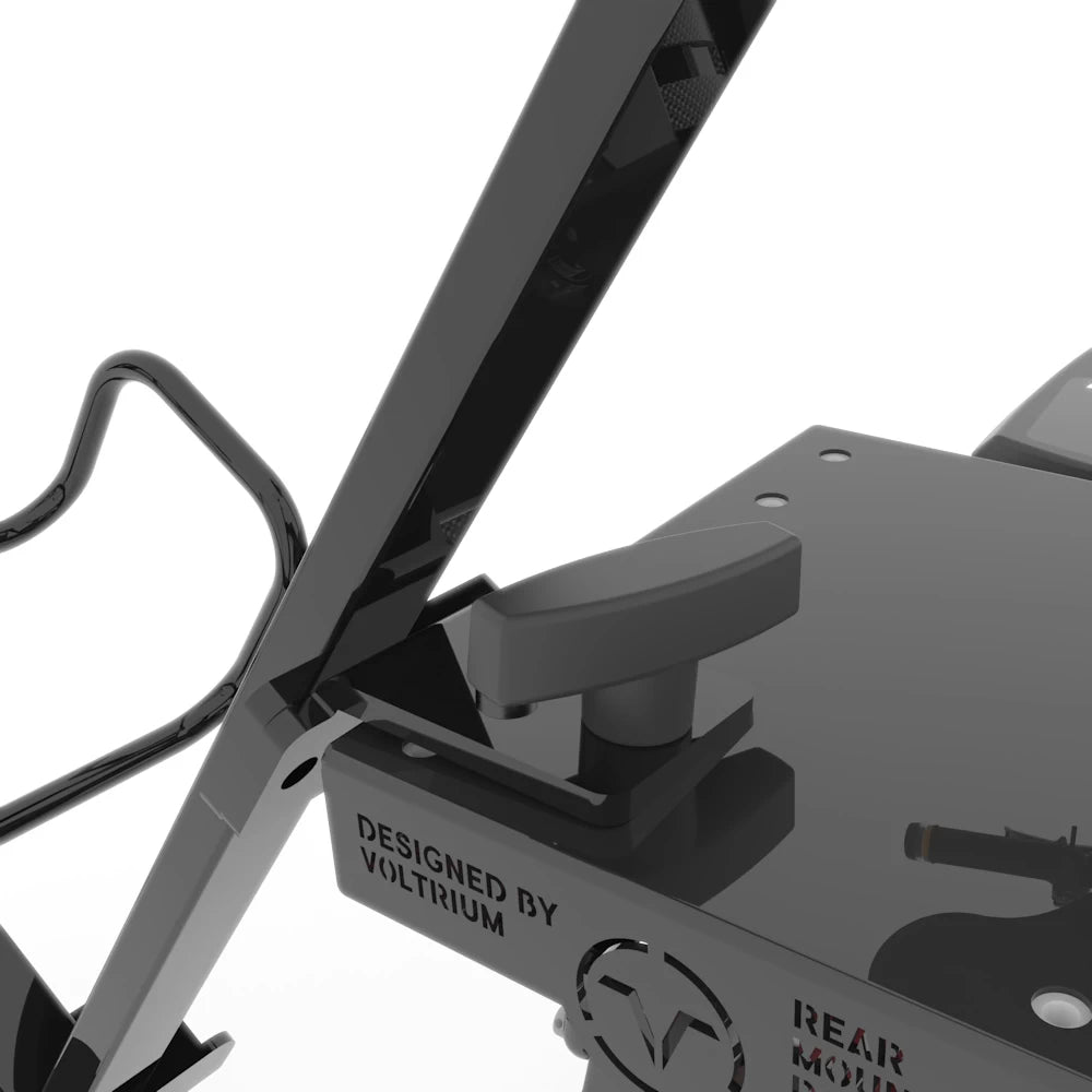 Closeup of Voltrium golf bag rack with quick-release functionality – compatible with Voltrium electric scooters.