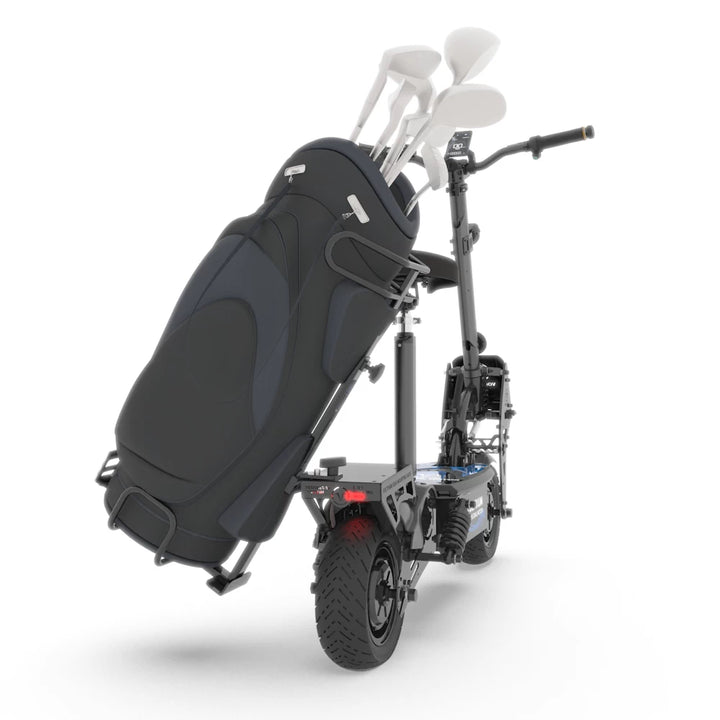 Rear view of Voltrium Rogue Dual Motor fitted with golf bag caddy – ultimate convenience on the golf course.