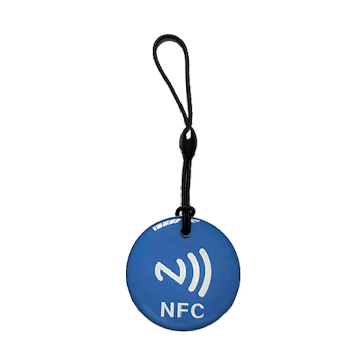 Blue NFC tag token with rope, 35mm diameter, featuring NTAG213 chip for electric scooter NFC access and secure operations.