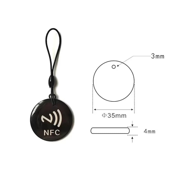 Black NFC tag token with rope, 35mm diameter and 4mm thickness, with dimensions illustration for NTAG213 chip compatibility with electric scooter NFC systems.