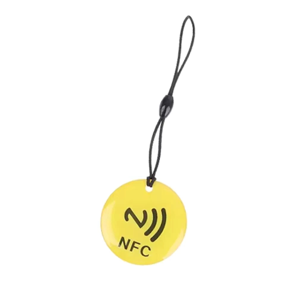 Yellow NFC tag token with rope, 13.56MHz frequency, designed for NFC-enabled electric scooters and secure contactless operations.