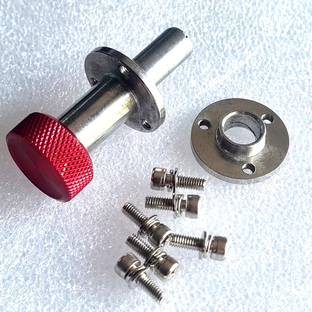 Red S-Knob Locking Pin with complete screw set - includes M4 x 12mm screws, flat washers, and spring washers.