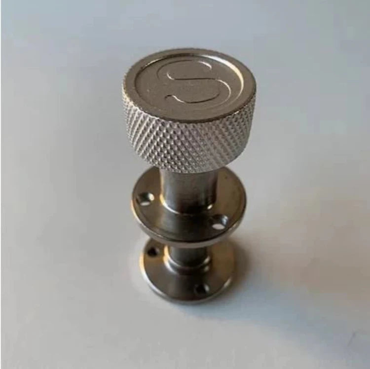 Vertical view of S-Knob Locking Pin for EMOVE Cruiser and Speedway Scooters - Silver knob shown with precision metal design and easy-grip surface.