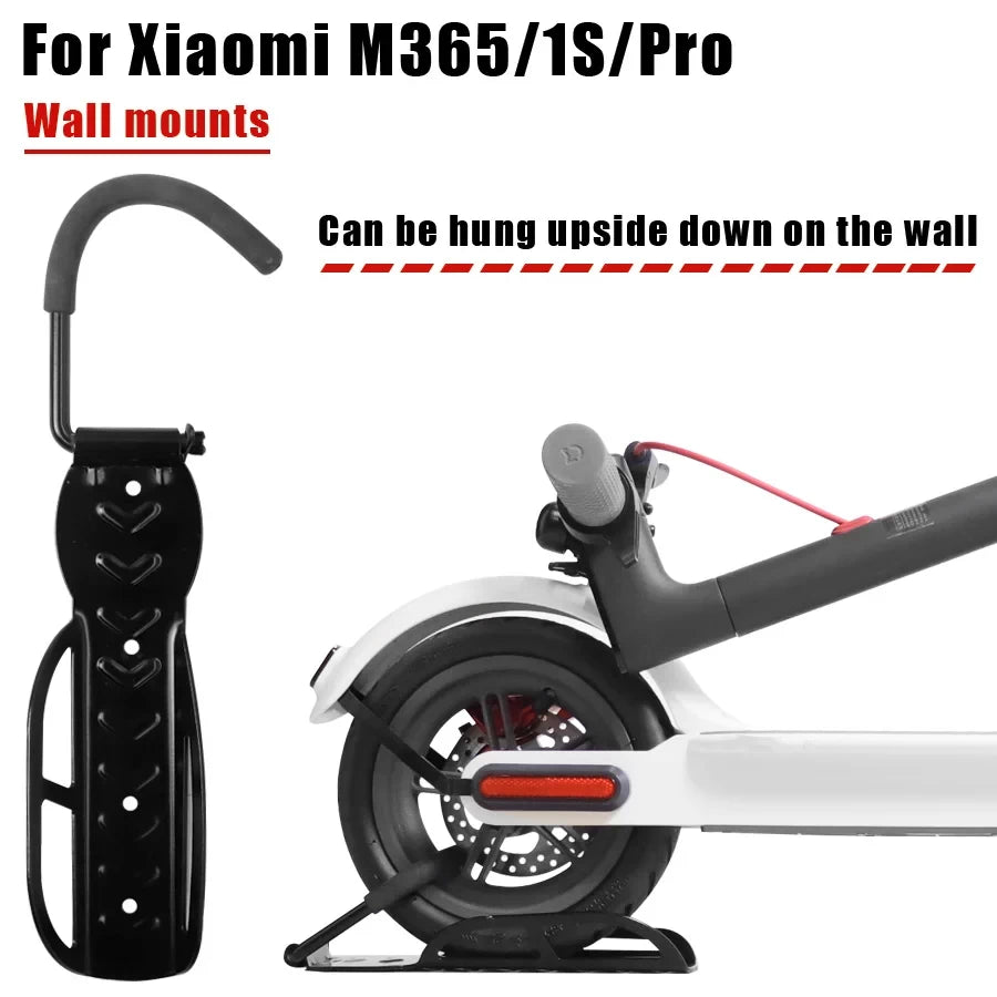 Heavy duty wall mount hanger supporting a Xiaomi M365 electric scooter in vertical storage position.