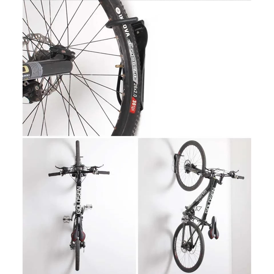 Wall mounted storage hanger supporting a mountain bike by the front wheel.