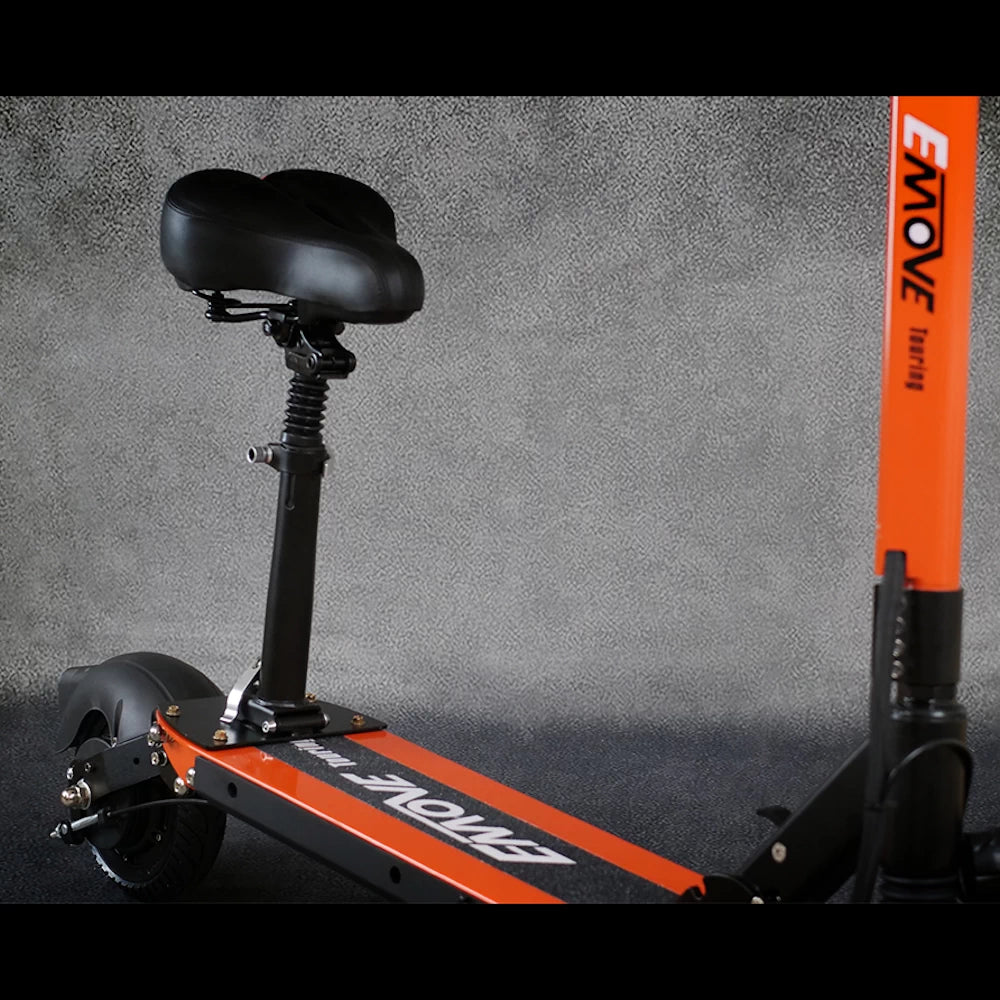 Close-up of the seat installation on the EMOVE Touring scooter, highlighting the padded saddle and stem tube system.